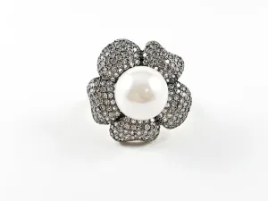 Beautiful Fancy Flower Design With Elegant CZ & Center Pearl Brass Ring