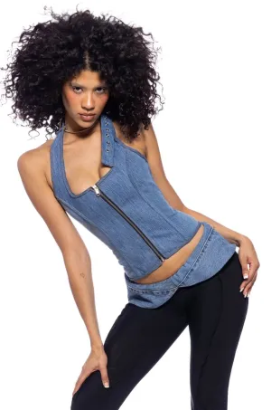 BELTED CORSET HALTER TOP IN VINTAGE BLUE DENIM