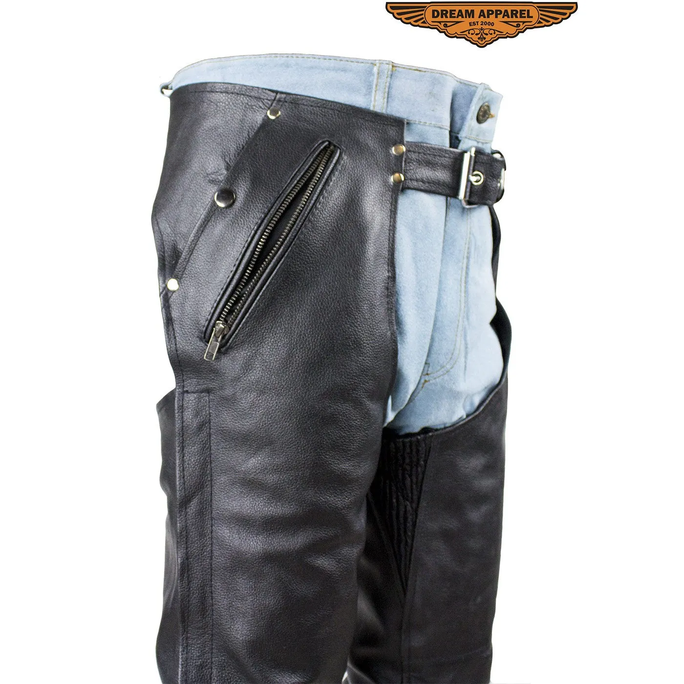 Black Multi-Pocket Naked Cowhide Leather Chaps W/ Zipout liner