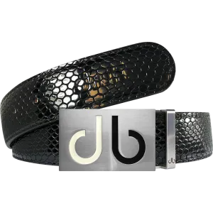 Black Snakeskin Texture Leather Belt with White and Black Two Toned Buckle