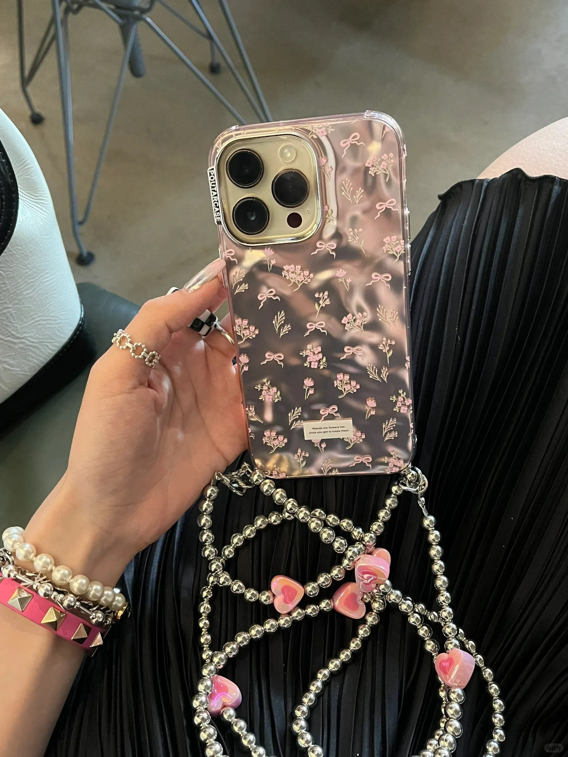 Bling Electroplated Light Pink Floral Ribbon Print Design   Pearl Chain Hand Strap Protective iPhone Case for iPhone 11 12 13 14 15 Pro Max