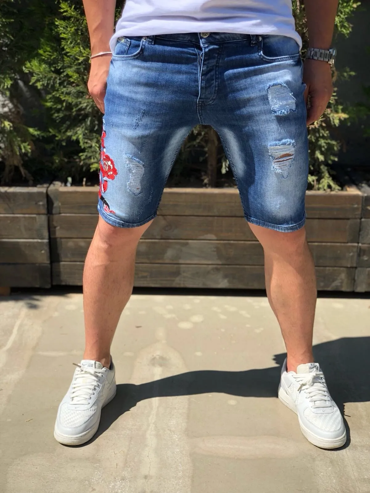 Blue Snake Patched Slim Fit Denim Short B199 Streetwear Denim Shorts