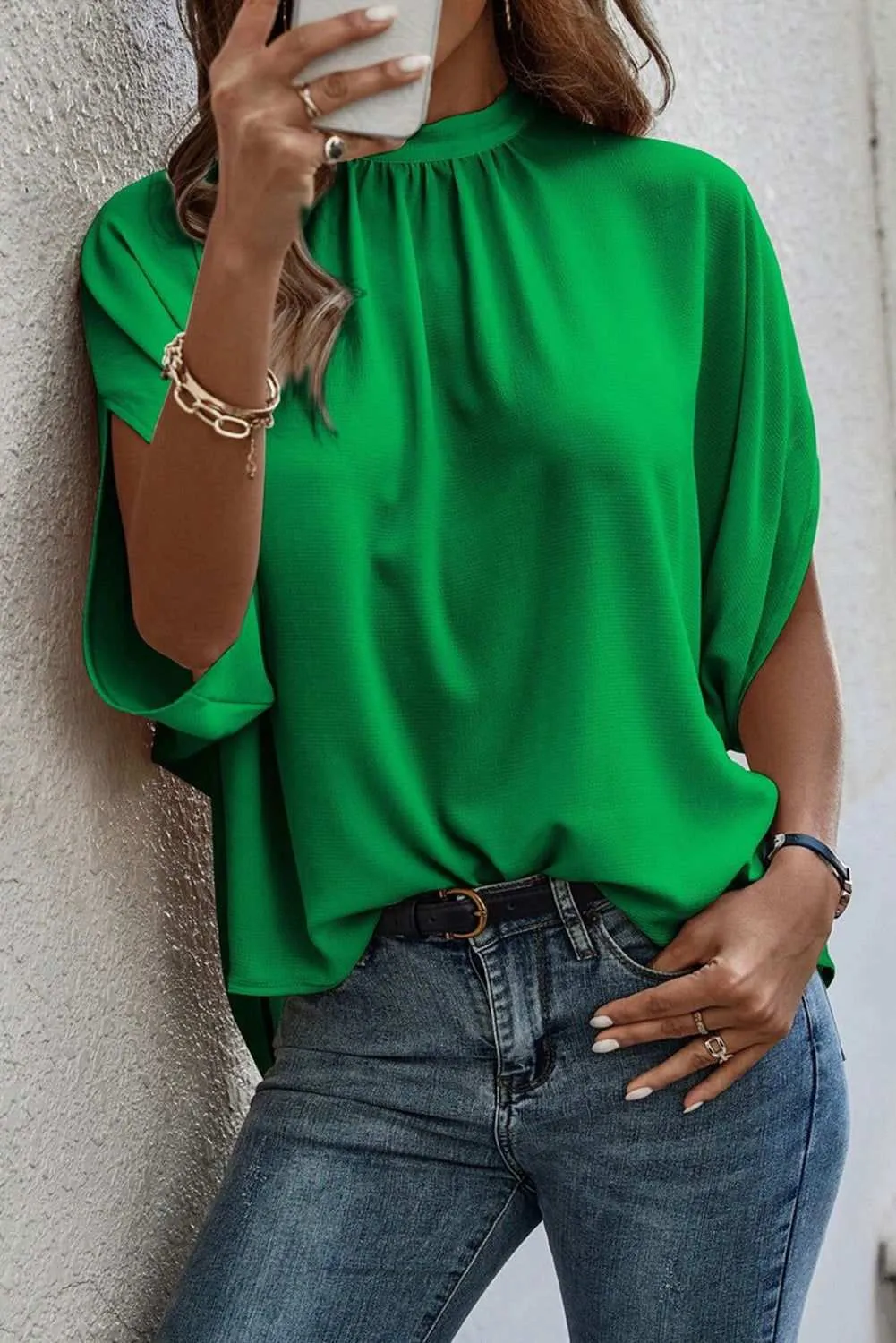 Bright Green Solid Color Batwing Sleeve Knotted Blouse