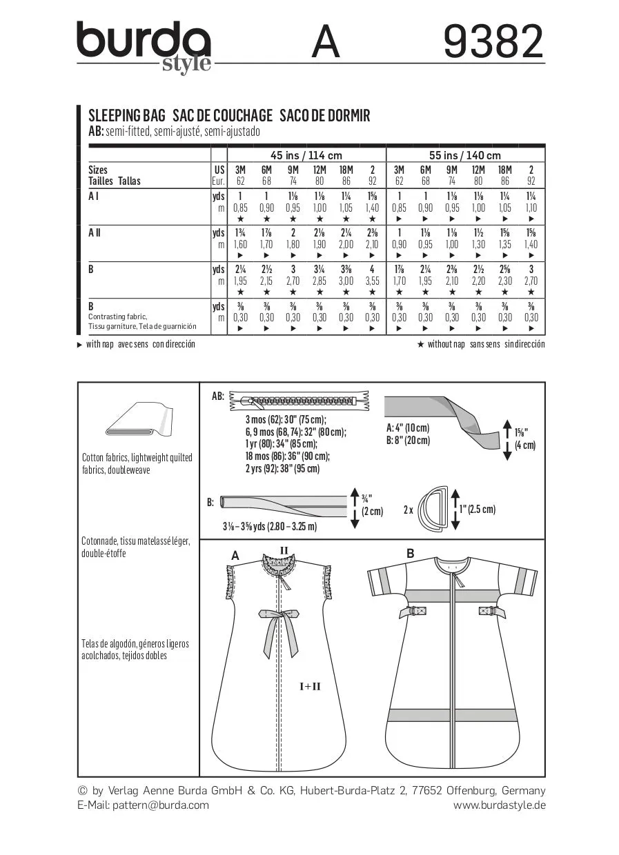 Burda Pattern 9382 Babies' Sleeping Bag (3M-2M)
