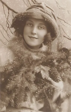 BW-110 Woman in Snow with Pine Cones - Vintage Image