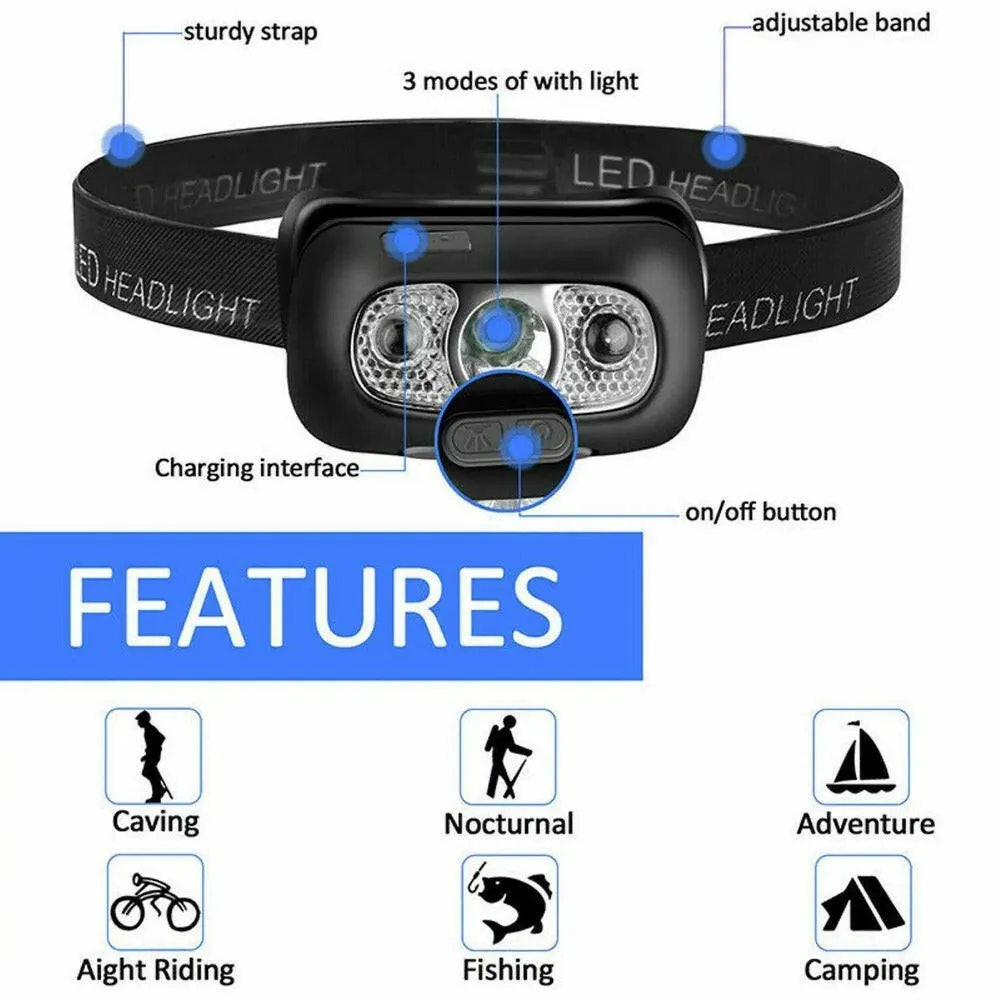 Camping Headlamp Rechargeable Water Proof USB LED Headlamp Motion Sensor Outdoor Waterproof Fishing Headlight for Hiking Camping