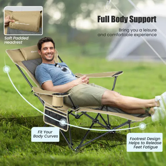 Camping Lounge Chair with Detachable Footrest Adjustable Backrest-Khaki