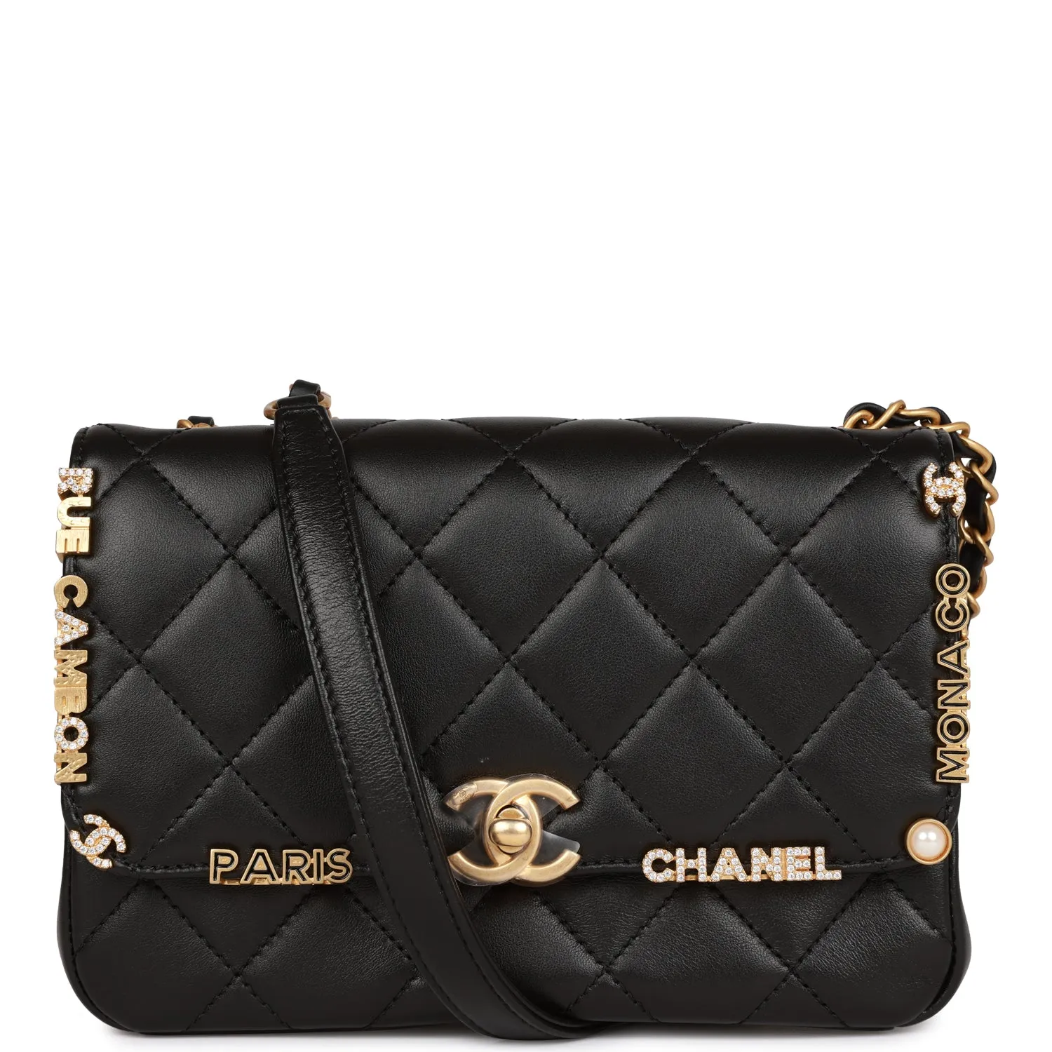 Chanel Monaco Mini Flap Bag Black Lambskin Antique Gold Hardware