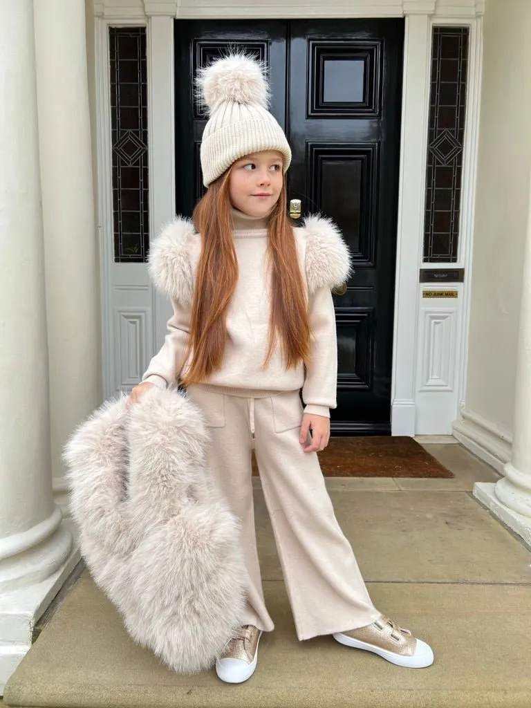 Childrens Light Beige Premium Faux Fur Roll Neck Wide Leg Tracksuit