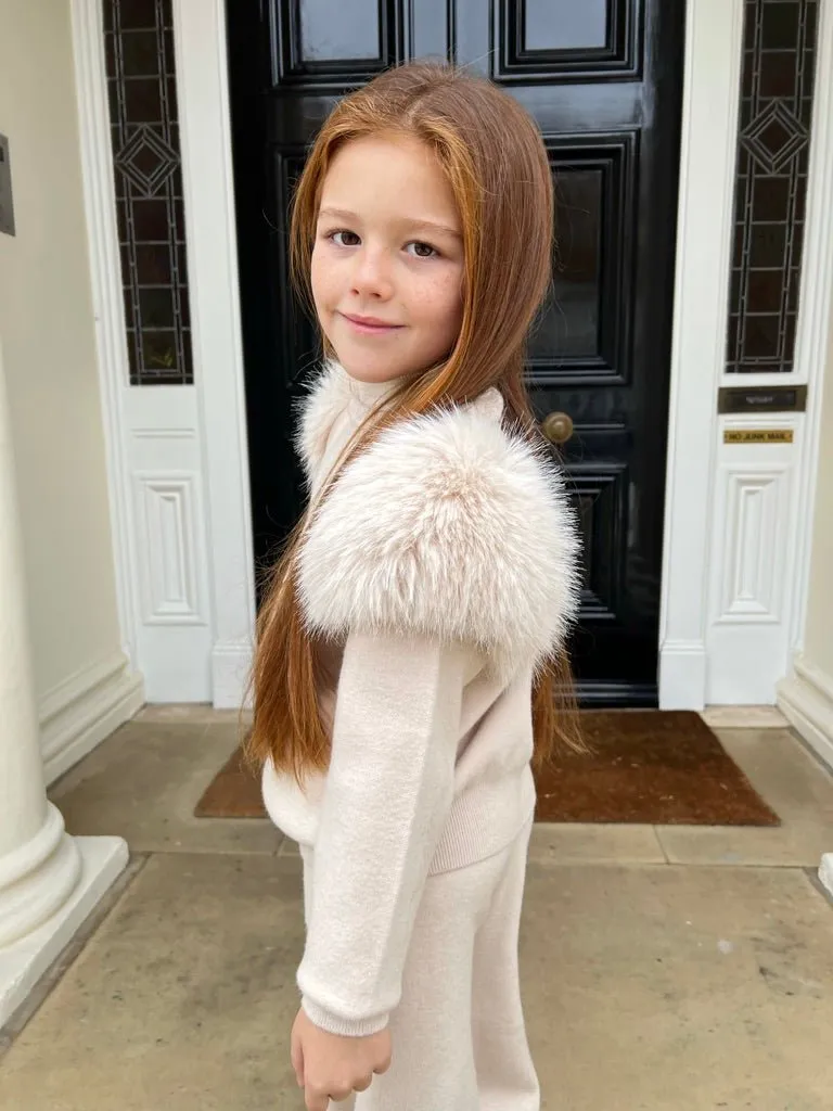 Childrens Light Beige Premium Faux Fur Roll Neck Wide Leg Tracksuit