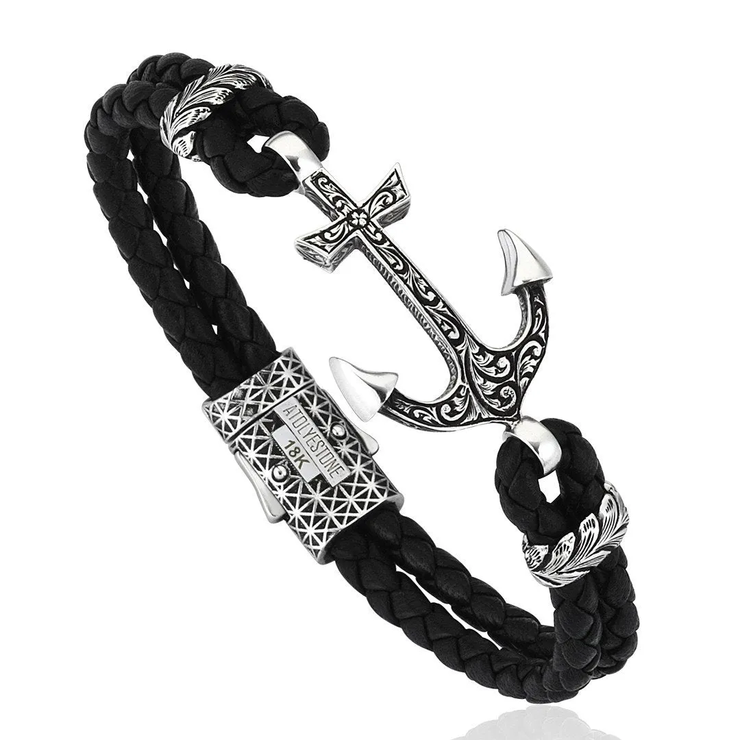 Classic Anchor Leather Bracelet - Solid White Gold