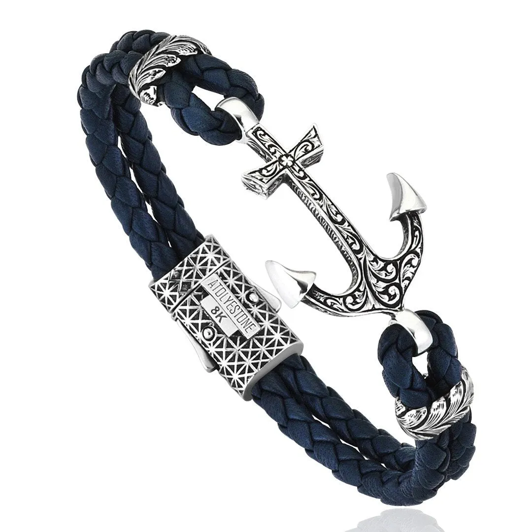 Classic Anchor Leather Bracelet - Solid White Gold