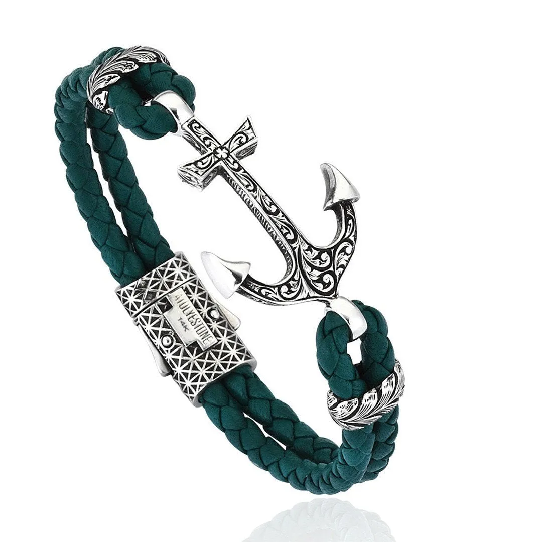 Classic Anchor Leather Bracelet - Solid White Gold