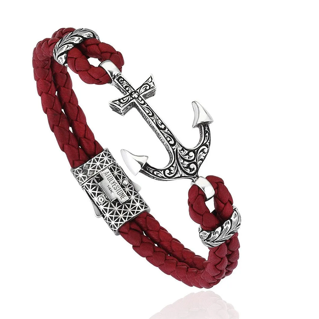 Classic Anchor Leather Bracelet - Solid White Gold