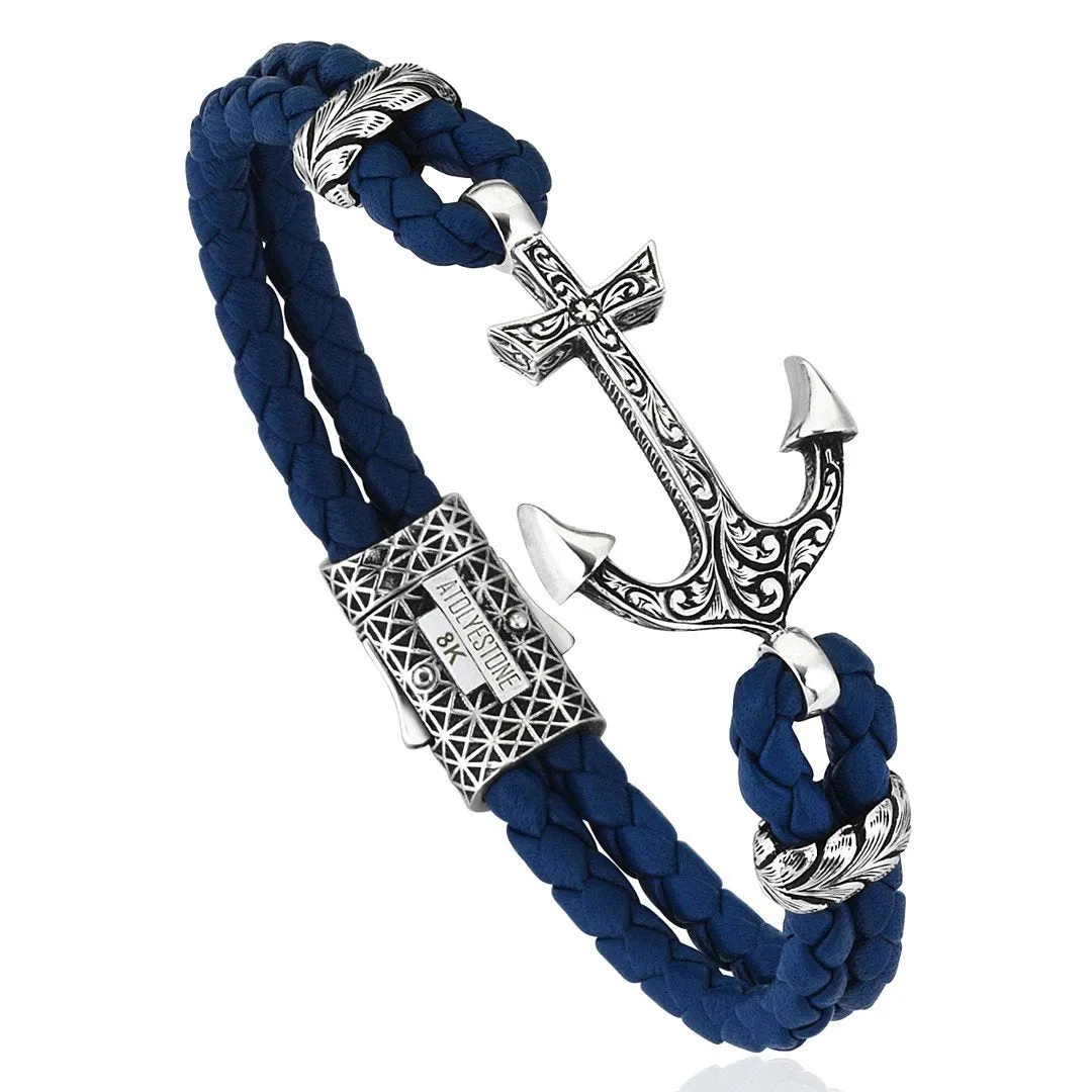 Classic Anchor Leather Bracelet - Solid White Gold