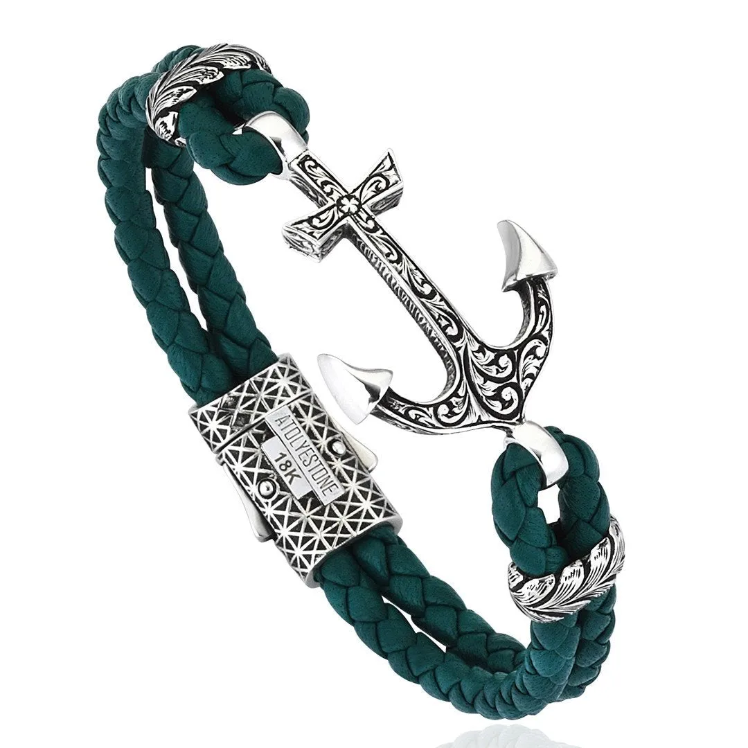 Classic Anchor Leather Bracelet - Solid White Gold