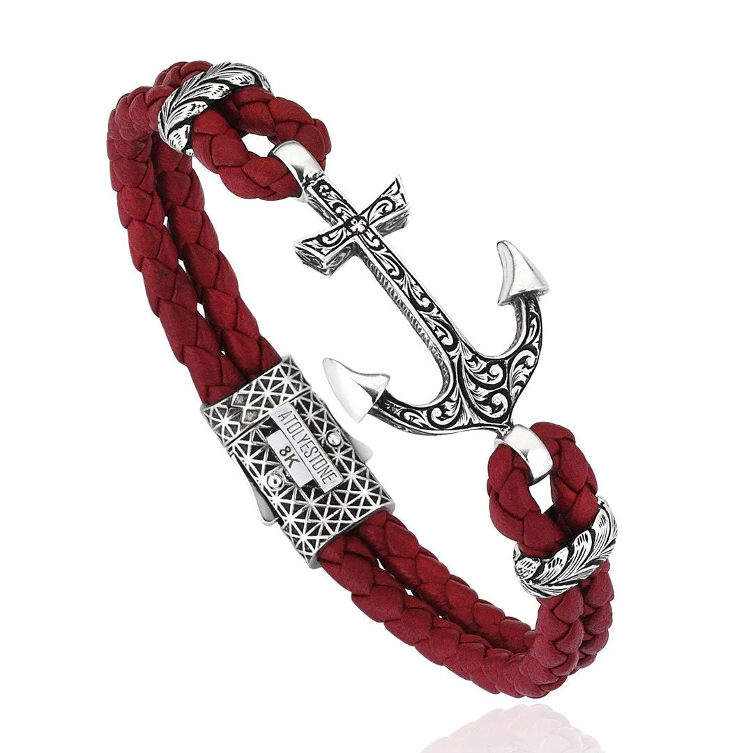 Classic Anchor Leather Bracelet - Solid White Gold