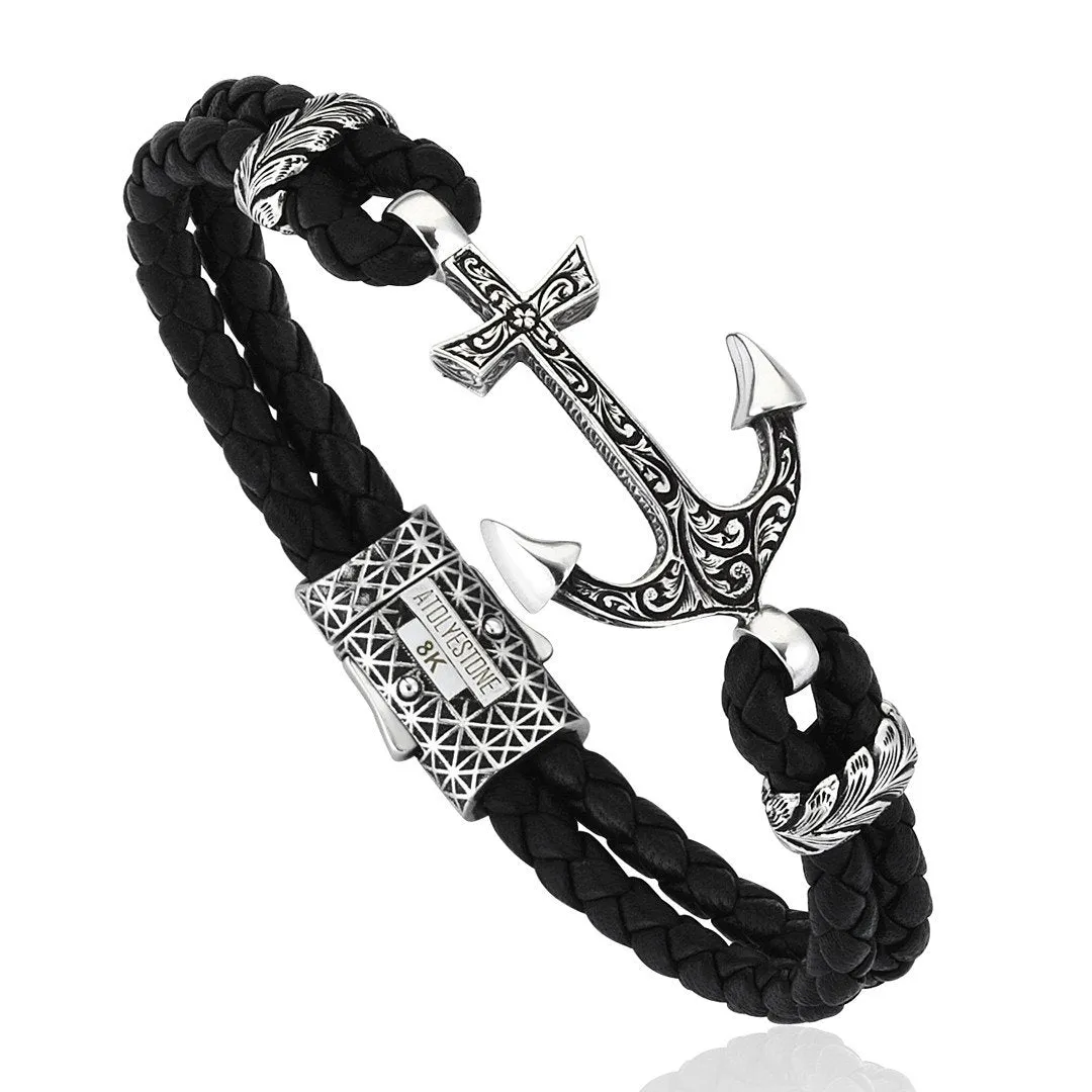 Classic Anchor Leather Bracelet - Solid White Gold