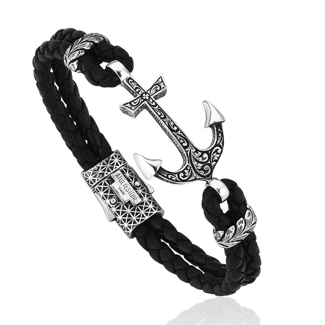 Classic Anchor Leather Bracelet - Solid White Gold