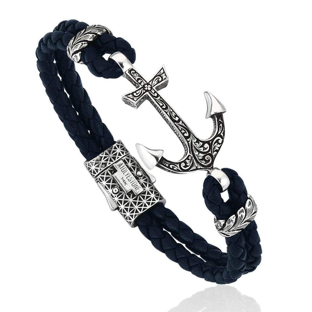 Classic Anchor Leather Bracelet - Solid White Gold