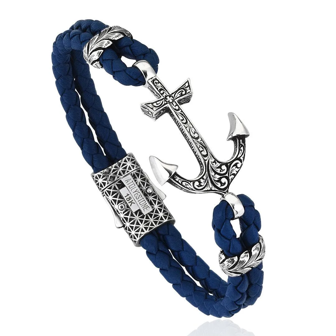 Classic Anchor Leather Bracelet - Solid White Gold