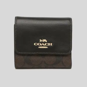 COACH Small Trifold Wallet In Blocked Signature Canvas Brown Black CE930