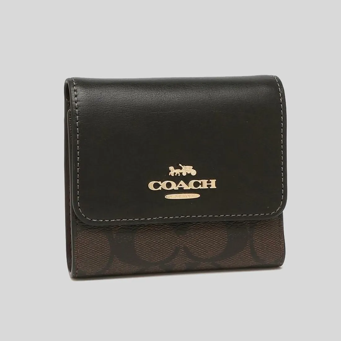 COACH Small Trifold Wallet In Blocked Signature Canvas Brown Black CE930