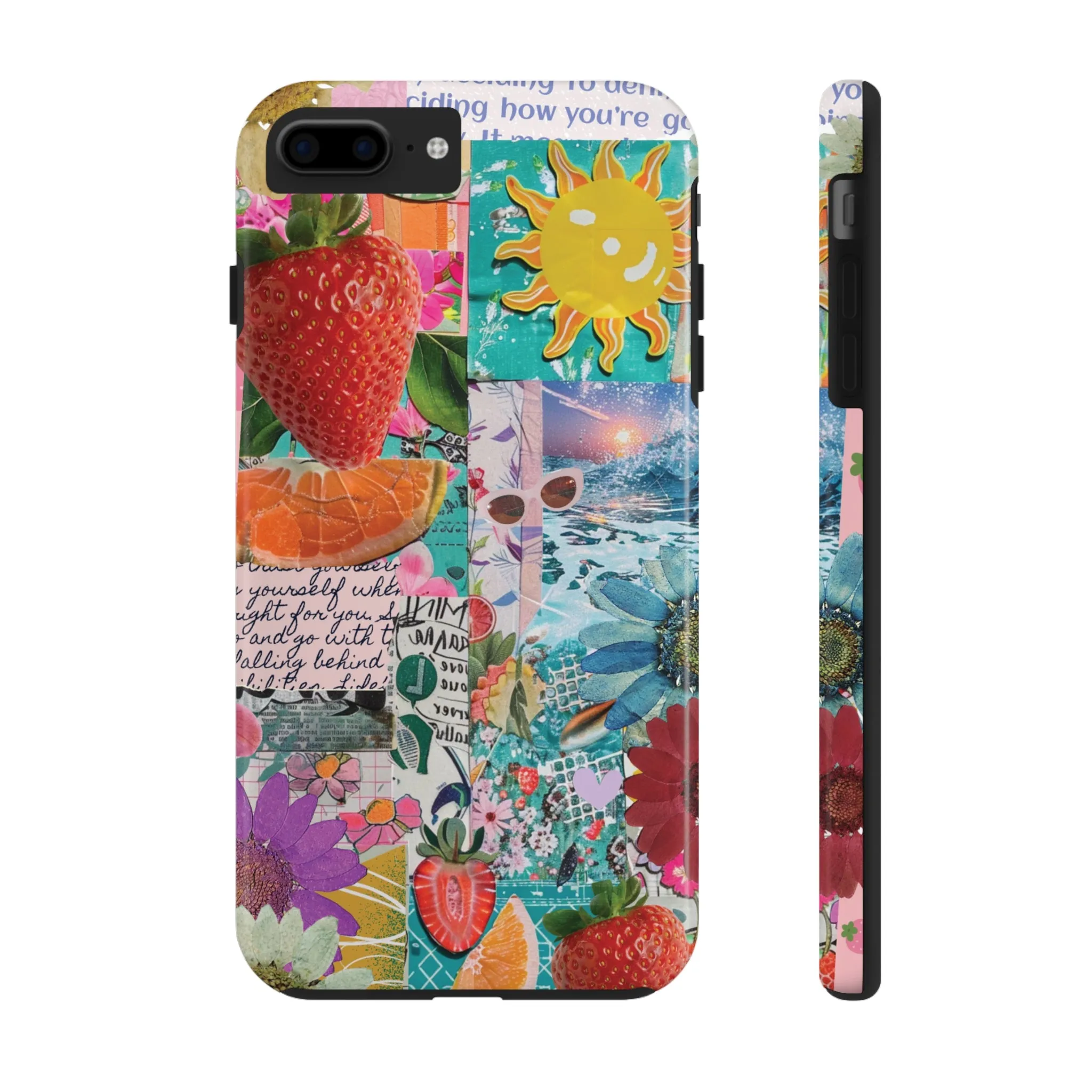 Colorful Mixed Patterns Collage iPhone Case, Strawberry and Sun Aesthetic Print, Vibrant Protective Phone Cover, Collage iPhone Case, Chic Artsy Protective Cover, Protective Case for iPhone Models, Tough iPhone Case