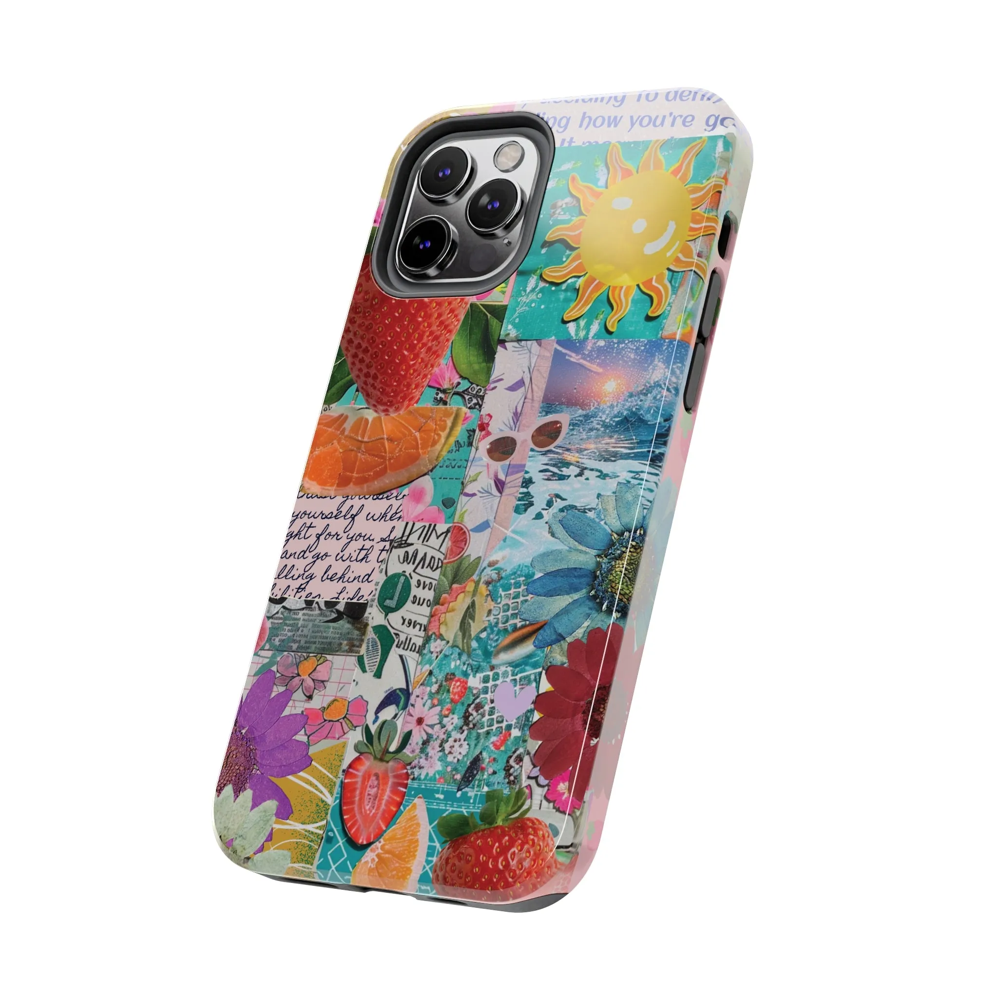 Colorful Mixed Patterns Collage iPhone Case, Strawberry and Sun Aesthetic Print, Vibrant Protective Phone Cover, Collage iPhone Case, Chic Artsy Protective Cover, Protective Case for iPhone Models, Tough iPhone Case