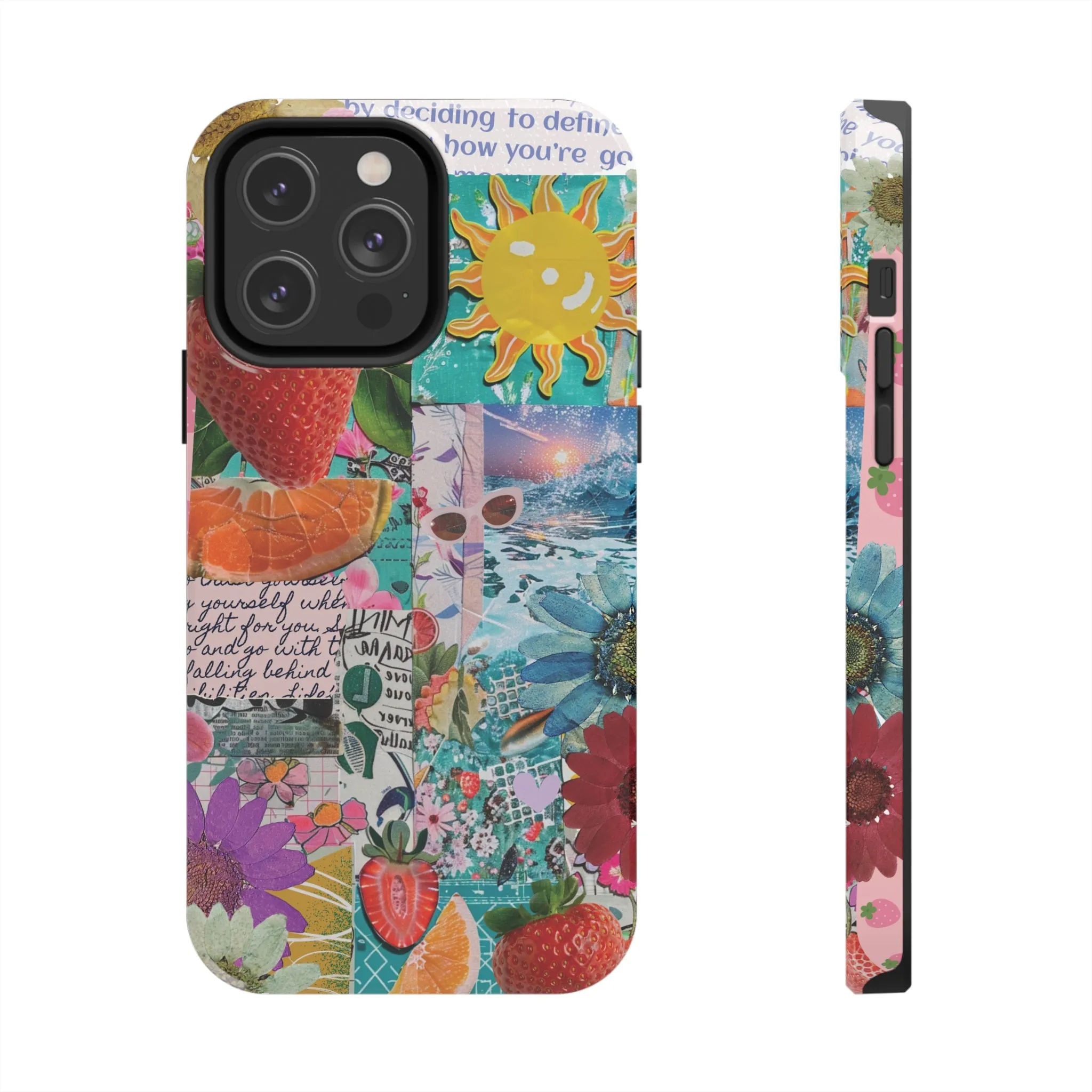 Colorful Mixed Patterns Collage iPhone Case, Strawberry and Sun Aesthetic Print, Vibrant Protective Phone Cover, Collage iPhone Case, Chic Artsy Protective Cover, Protective Case for iPhone Models, Tough iPhone Case