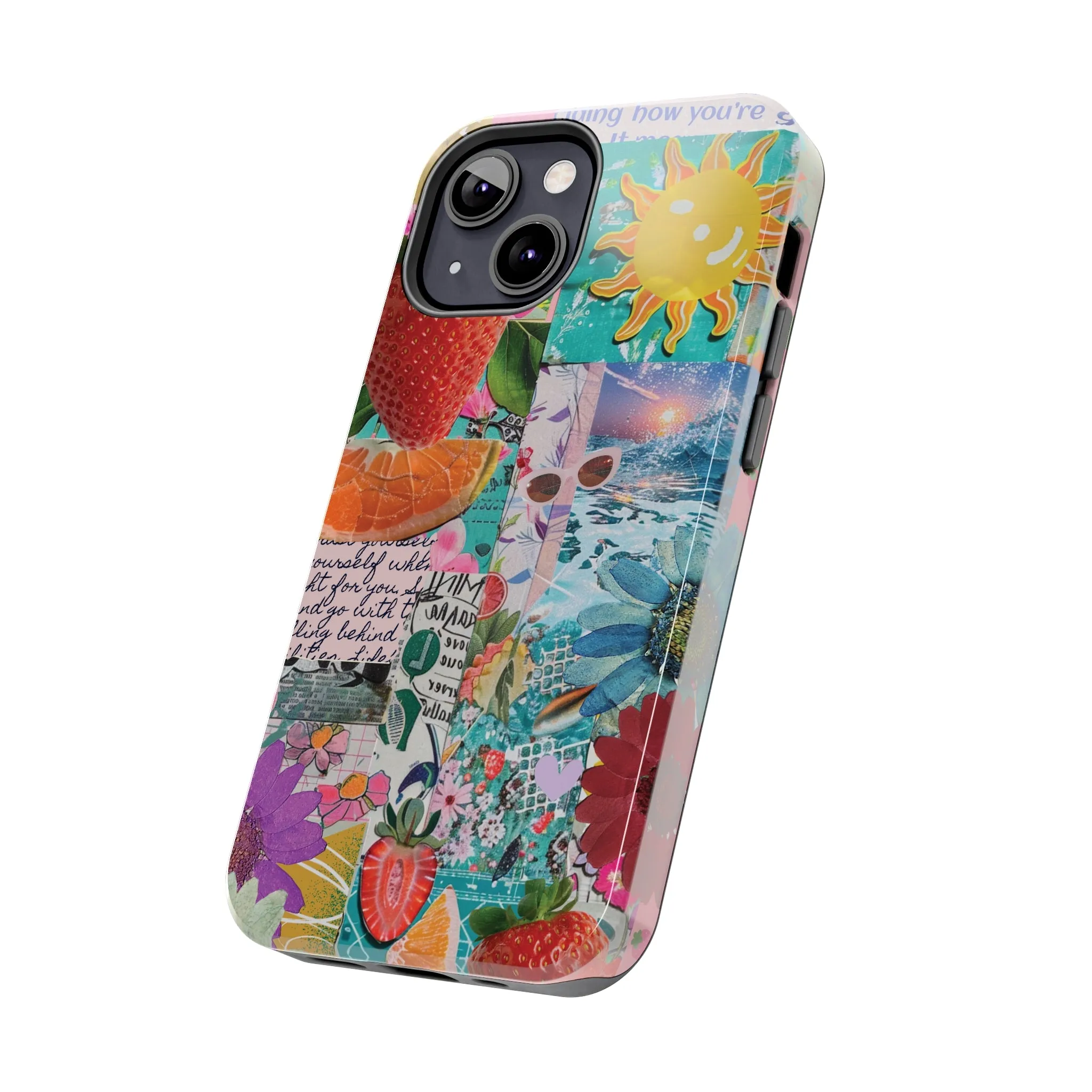 Colorful Mixed Patterns Collage iPhone Case, Strawberry and Sun Aesthetic Print, Vibrant Protective Phone Cover, Collage iPhone Case, Chic Artsy Protective Cover, Protective Case for iPhone Models, Tough iPhone Case