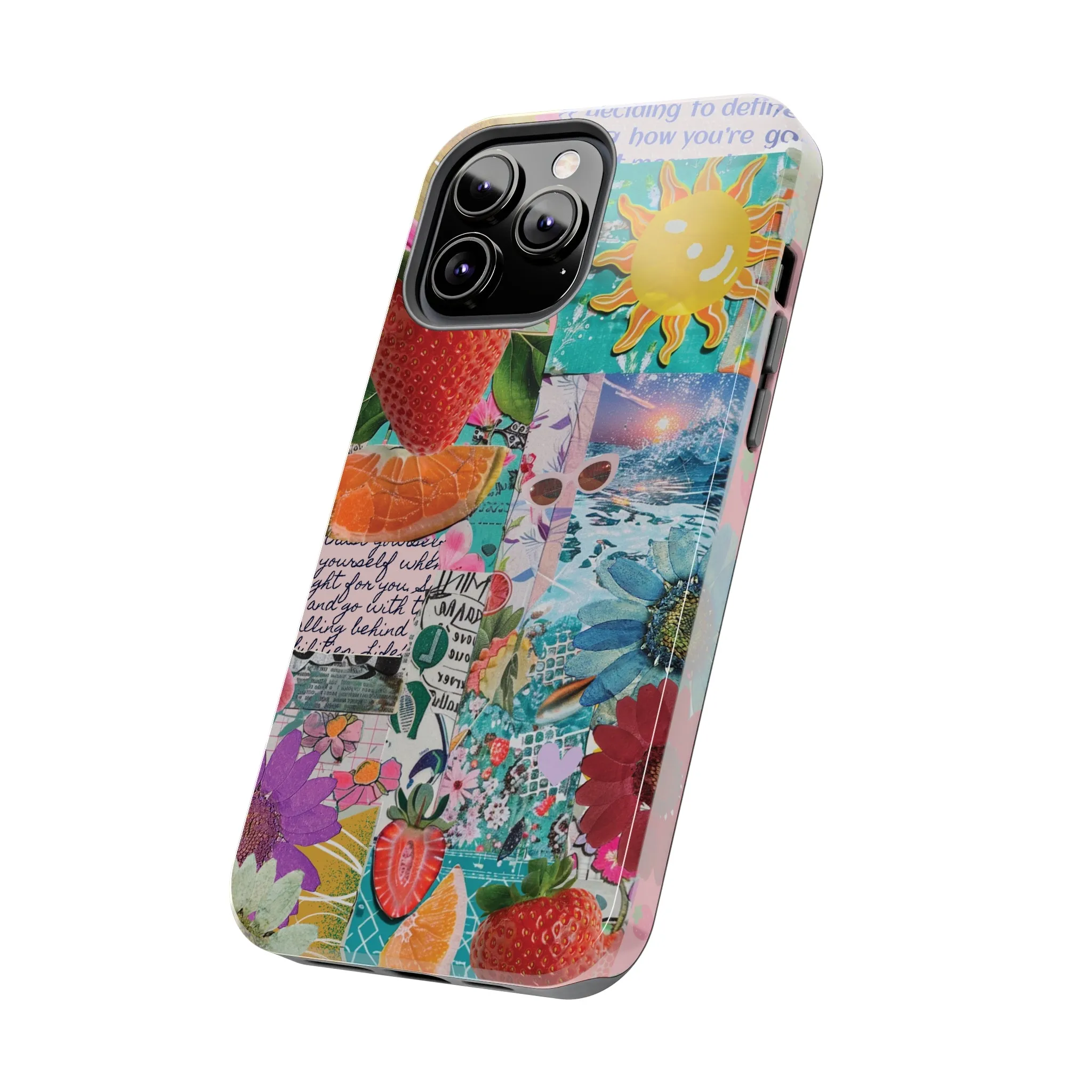 Colorful Mixed Patterns Collage iPhone Case, Strawberry and Sun Aesthetic Print, Vibrant Protective Phone Cover, Collage iPhone Case, Chic Artsy Protective Cover, Protective Case for iPhone Models, Tough iPhone Case