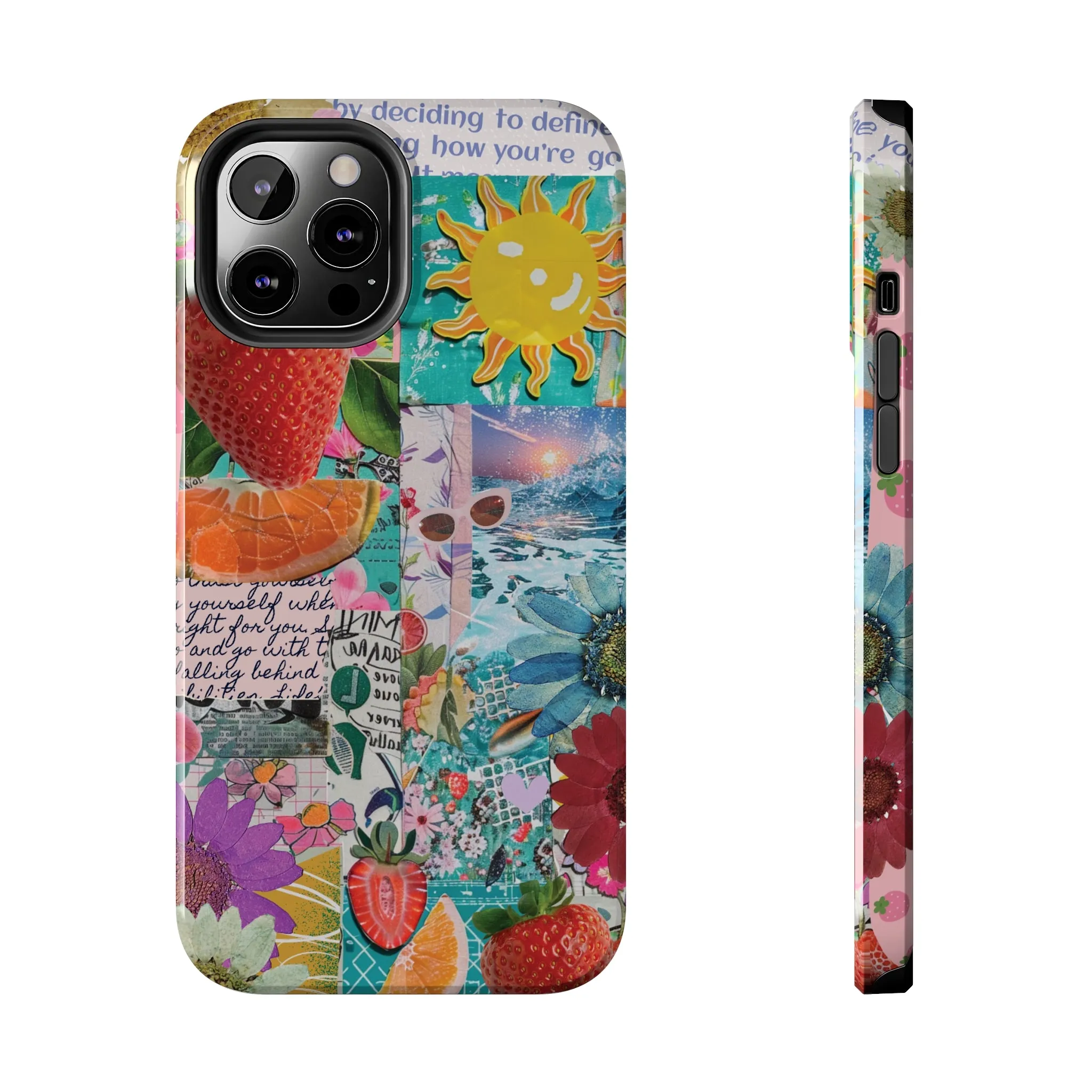 Colorful Mixed Patterns Collage iPhone Case, Strawberry and Sun Aesthetic Print, Vibrant Protective Phone Cover, Collage iPhone Case, Chic Artsy Protective Cover, Protective Case for iPhone Models, Tough iPhone Case