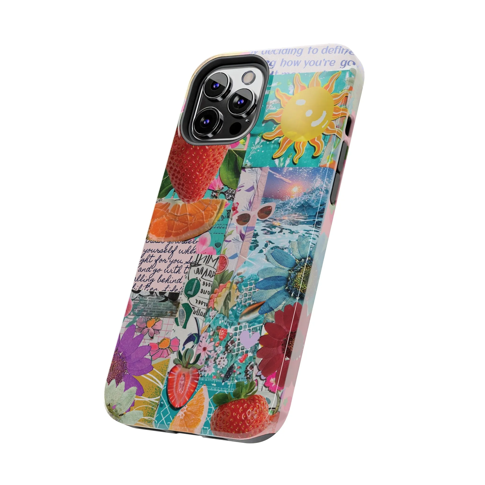 Colorful Mixed Patterns Collage iPhone Case, Strawberry and Sun Aesthetic Print, Vibrant Protective Phone Cover, Collage iPhone Case, Chic Artsy Protective Cover, Protective Case for iPhone Models, Tough iPhone Case