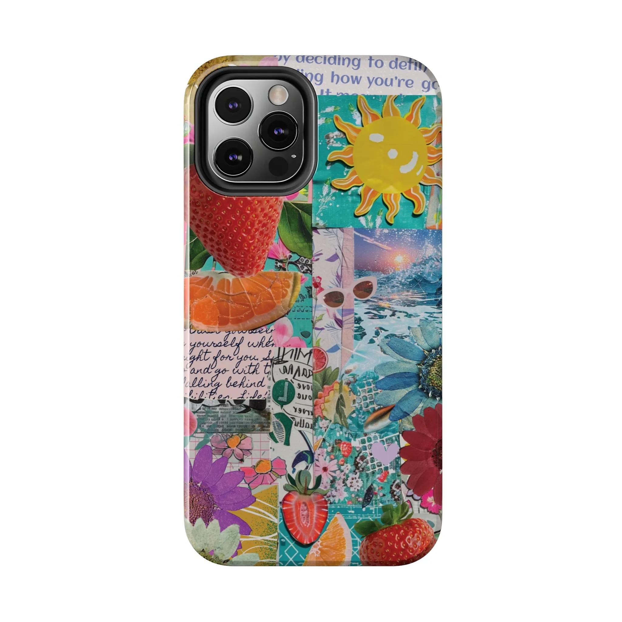 Colorful Mixed Patterns Collage iPhone Case, Strawberry and Sun Aesthetic Print, Vibrant Protective Phone Cover, Collage iPhone Case, Chic Artsy Protective Cover, Protective Case for iPhone Models, Tough iPhone Case