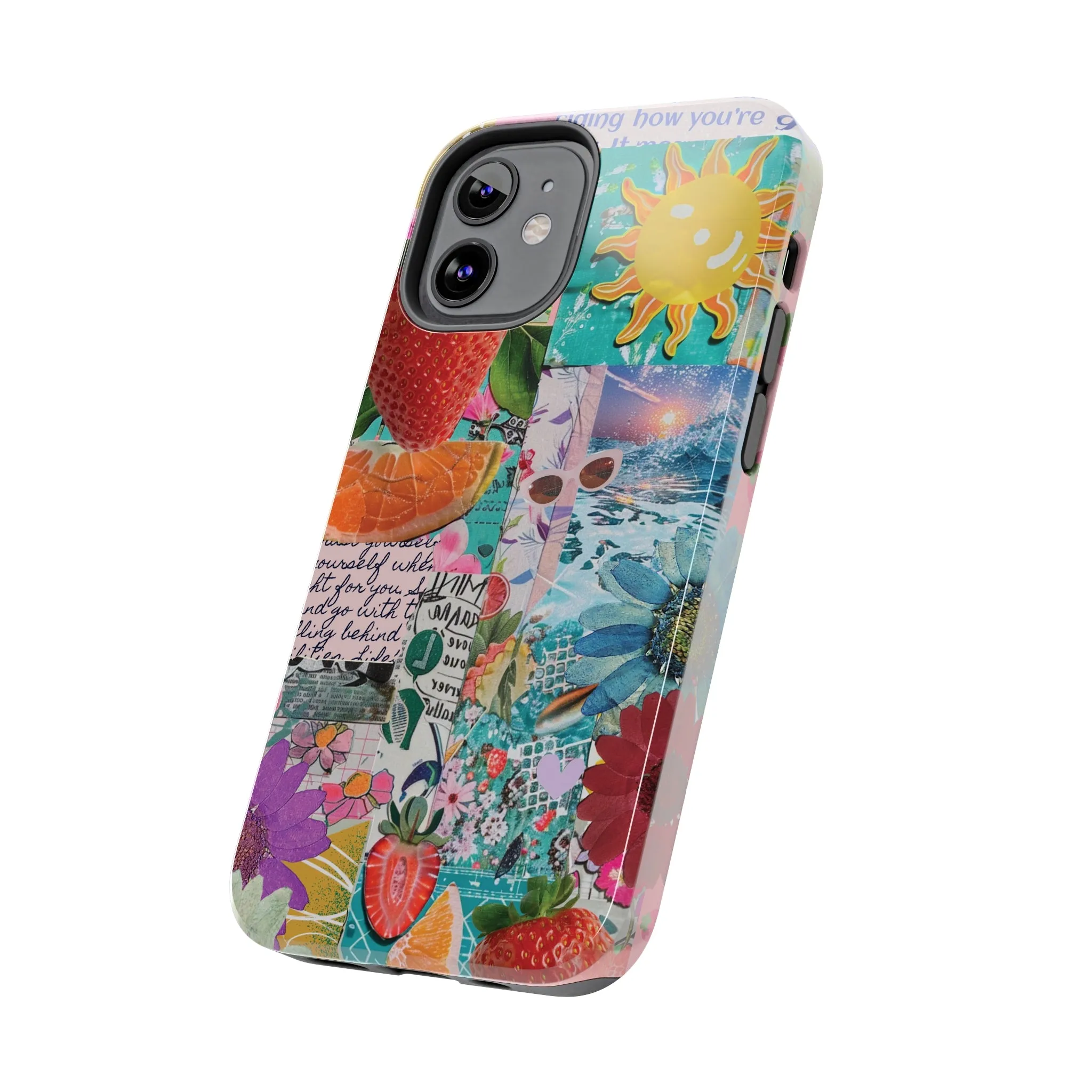 Colorful Mixed Patterns Collage iPhone Case, Strawberry and Sun Aesthetic Print, Vibrant Protective Phone Cover, Collage iPhone Case, Chic Artsy Protective Cover, Protective Case for iPhone Models, Tough iPhone Case