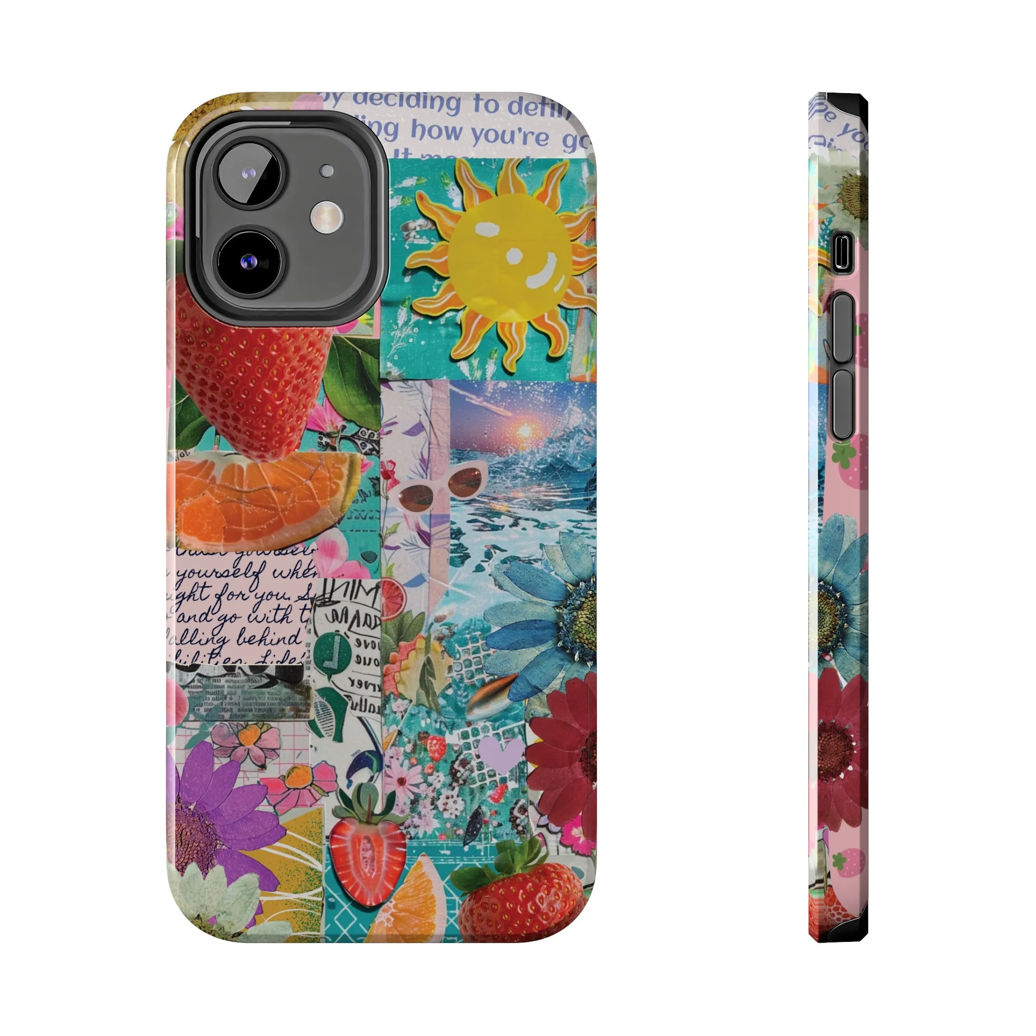 Colorful Mixed Patterns Collage iPhone Case, Strawberry and Sun Aesthetic Print, Vibrant Protective Phone Cover, Collage iPhone Case, Chic Artsy Protective Cover, Protective Case for iPhone Models, Tough iPhone Case