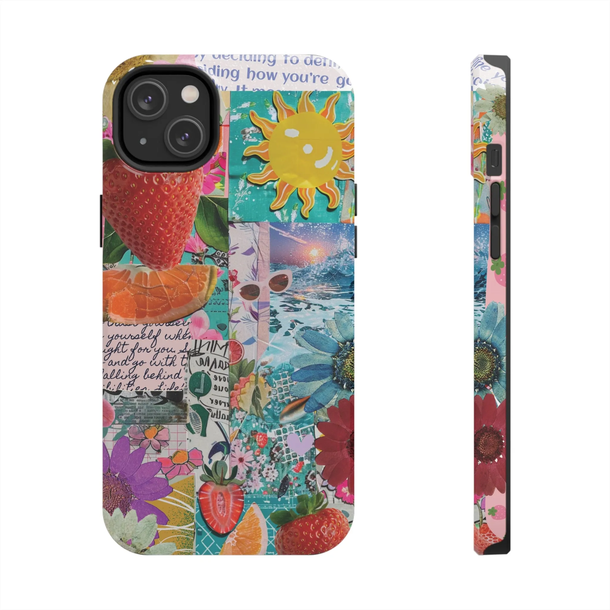 Colorful Mixed Patterns Collage iPhone Case, Strawberry and Sun Aesthetic Print, Vibrant Protective Phone Cover, Collage iPhone Case, Chic Artsy Protective Cover, Protective Case for iPhone Models, Tough iPhone Case