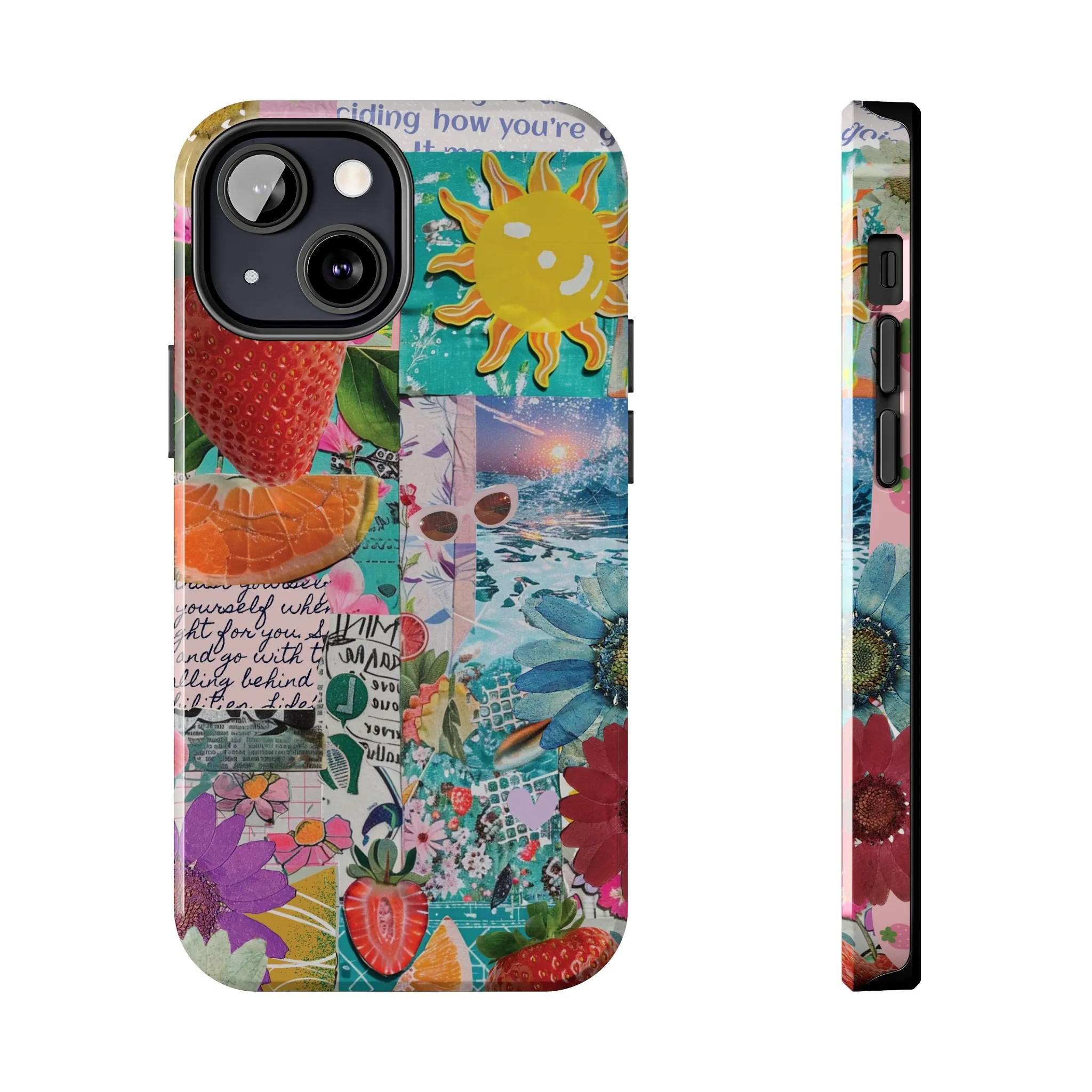 Colorful Mixed Patterns Collage iPhone Case, Strawberry and Sun Aesthetic Print, Vibrant Protective Phone Cover, Collage iPhone Case, Chic Artsy Protective Cover, Protective Case for iPhone Models, Tough iPhone Case