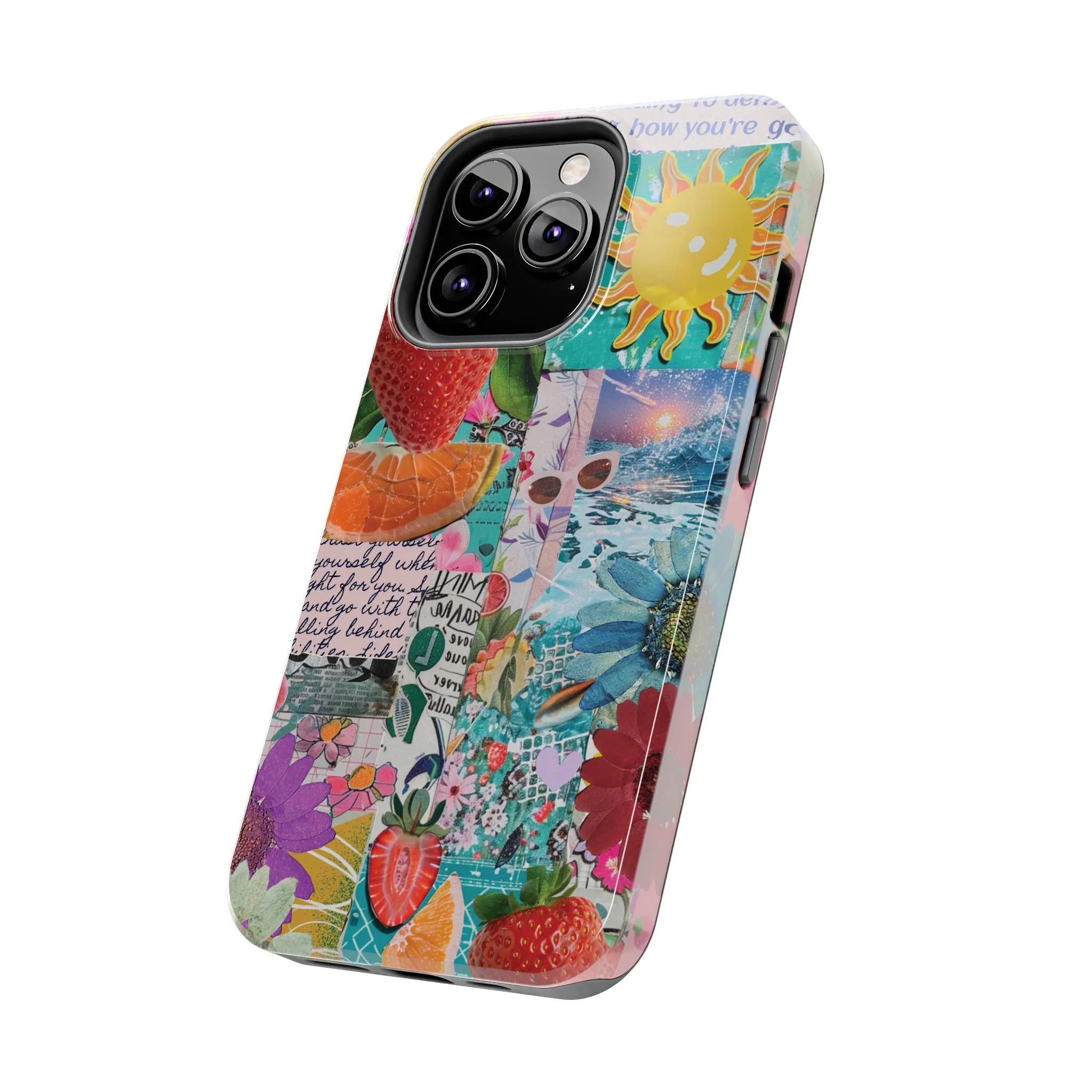 Colorful Mixed Patterns Collage iPhone Case, Strawberry and Sun Aesthetic Print, Vibrant Protective Phone Cover, Collage iPhone Case, Chic Artsy Protective Cover, Protective Case for iPhone Models, Tough iPhone Case