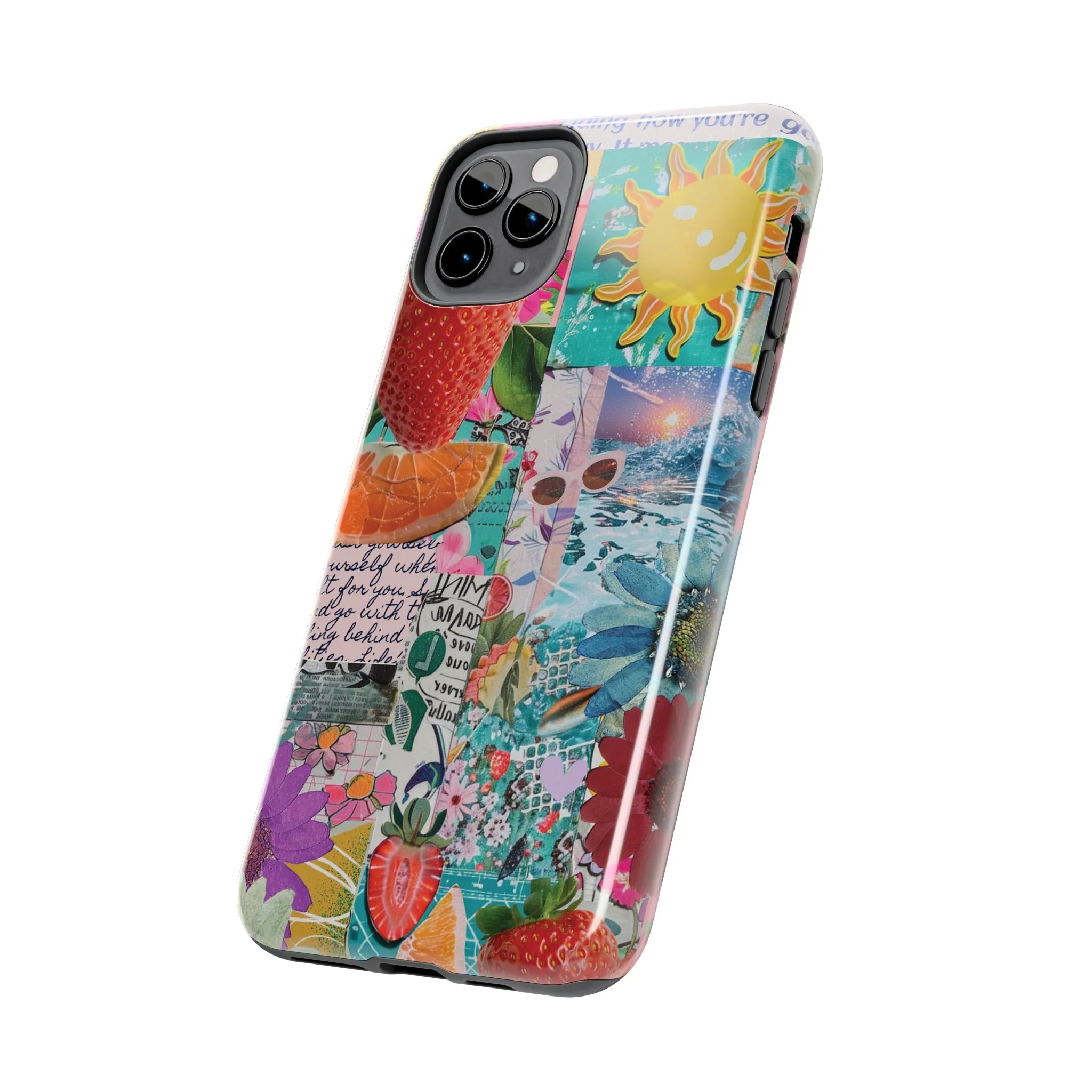 Colorful Mixed Patterns Collage iPhone Case, Strawberry and Sun Aesthetic Print, Vibrant Protective Phone Cover, Collage iPhone Case, Chic Artsy Protective Cover, Protective Case for iPhone Models, Tough iPhone Case