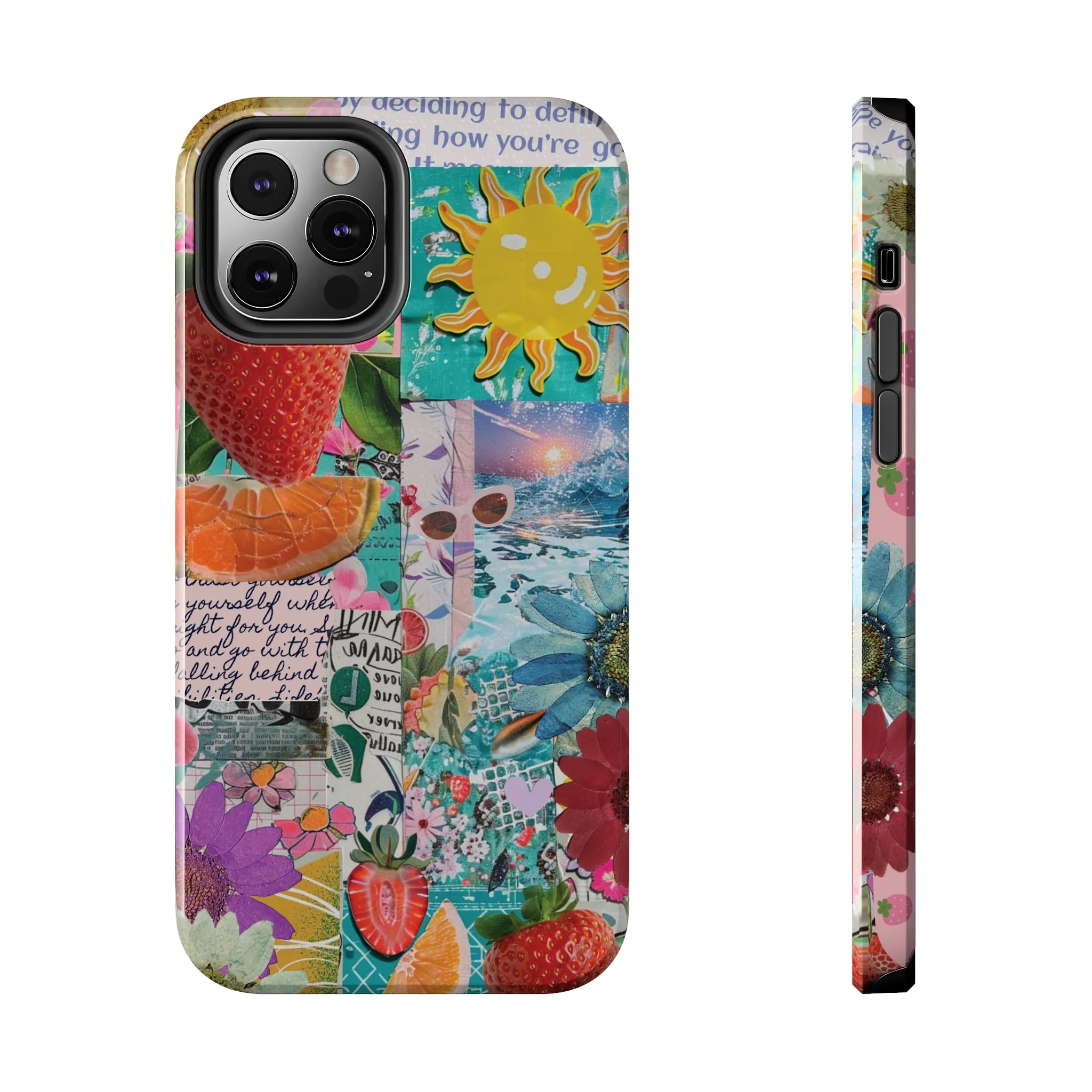 Colorful Mixed Patterns Collage iPhone Case, Strawberry and Sun Aesthetic Print, Vibrant Protective Phone Cover, Collage iPhone Case, Chic Artsy Protective Cover, Protective Case for iPhone Models, Tough iPhone Case