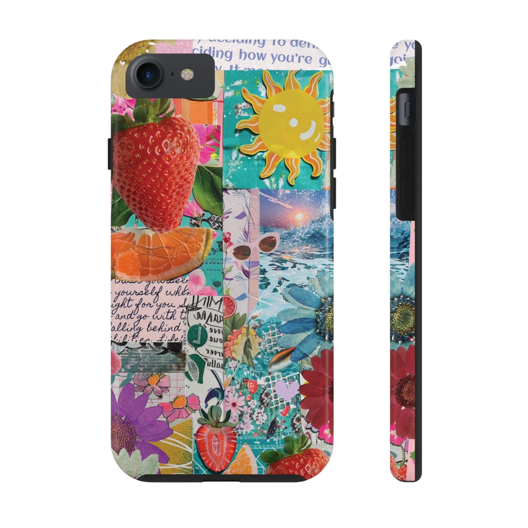 Colorful Mixed Patterns Collage iPhone Case, Strawberry and Sun Aesthetic Print, Vibrant Protective Phone Cover, Collage iPhone Case, Chic Artsy Protective Cover, Protective Case for iPhone Models, Tough iPhone Case