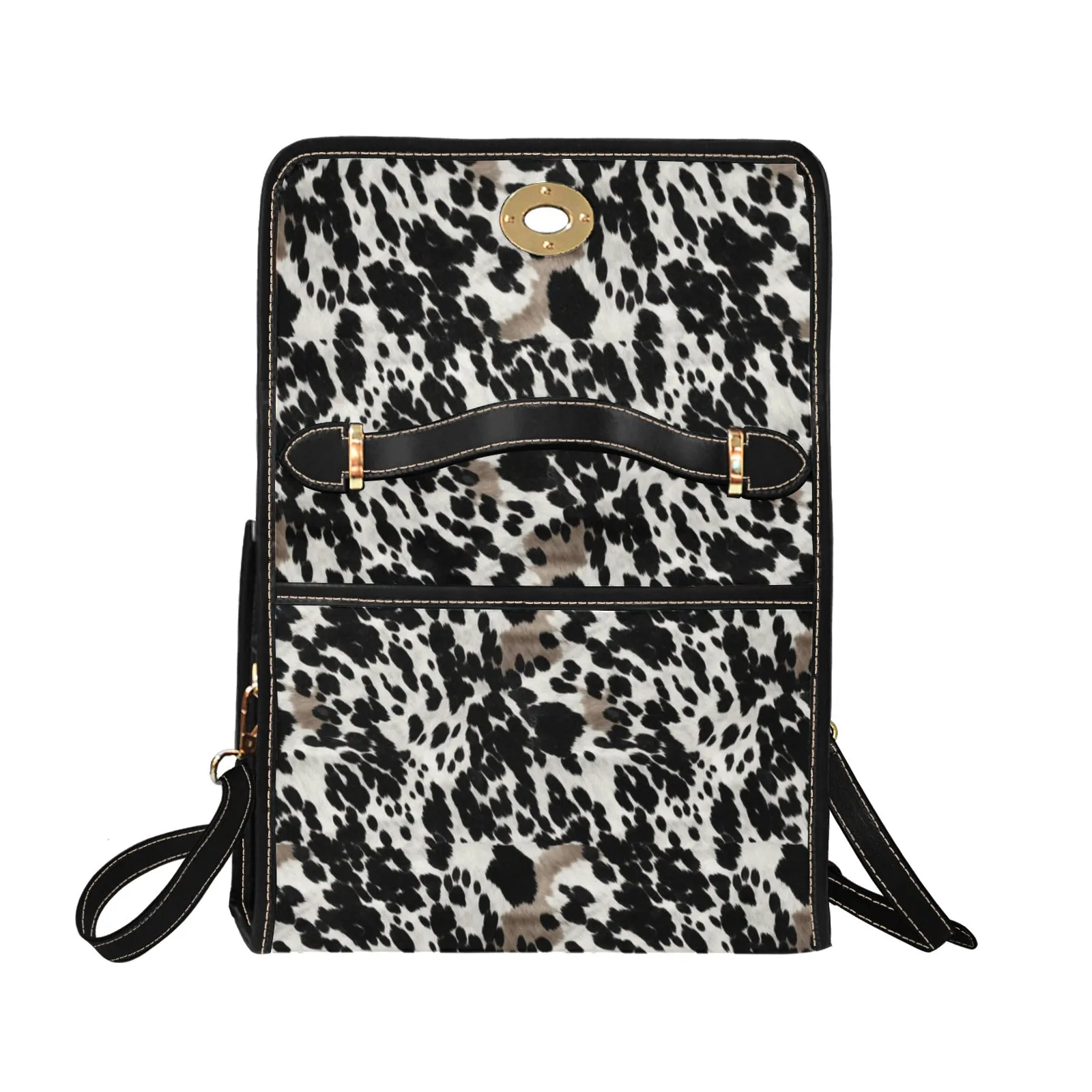 Cow Print Canvas Satchel bag, Black White Animal Waterproof Black Women Ladies Crossbody Purse Vegan Leather Shoulder Strap Vintage Handbag