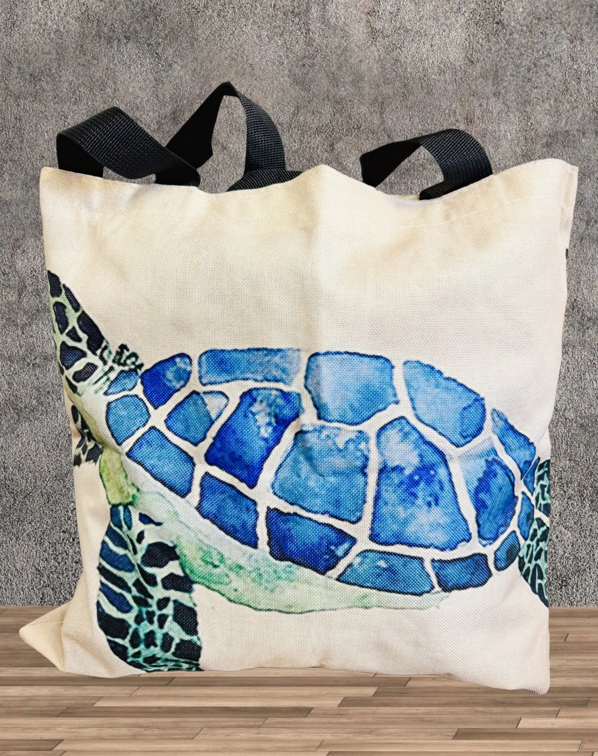 Creamy-Blue Sea Turtle Linen Tote Bag