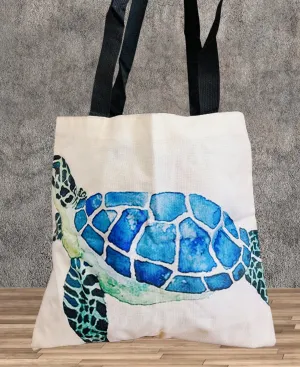 Creamy-Blue Sea Turtle Linen Tote Bag