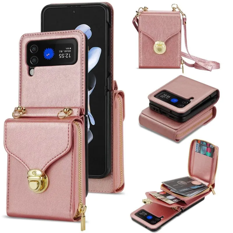 Crossbody Wallet Leather Phone Case With Card Slot Holder Lanyard For Samsung Galaxy Z Flip 5 4