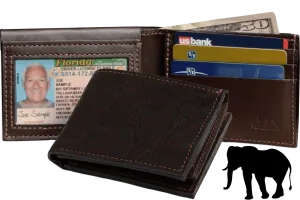 Dark Brown Elephant Luxury Designer Exotic Bifold Wallet With Flip Up ID Window