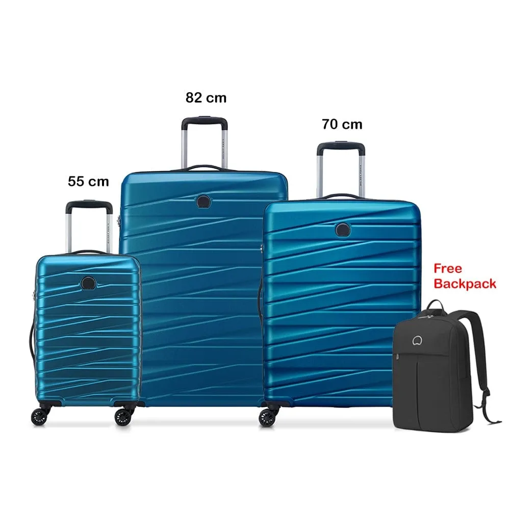 Delsey Tiphanie 55 70 82cm Hardcase 4 Double Wheel Expandable Cabin & Check-In Luggage Trolley Set Steel Blue   FREE Delsey Agreable Backpack