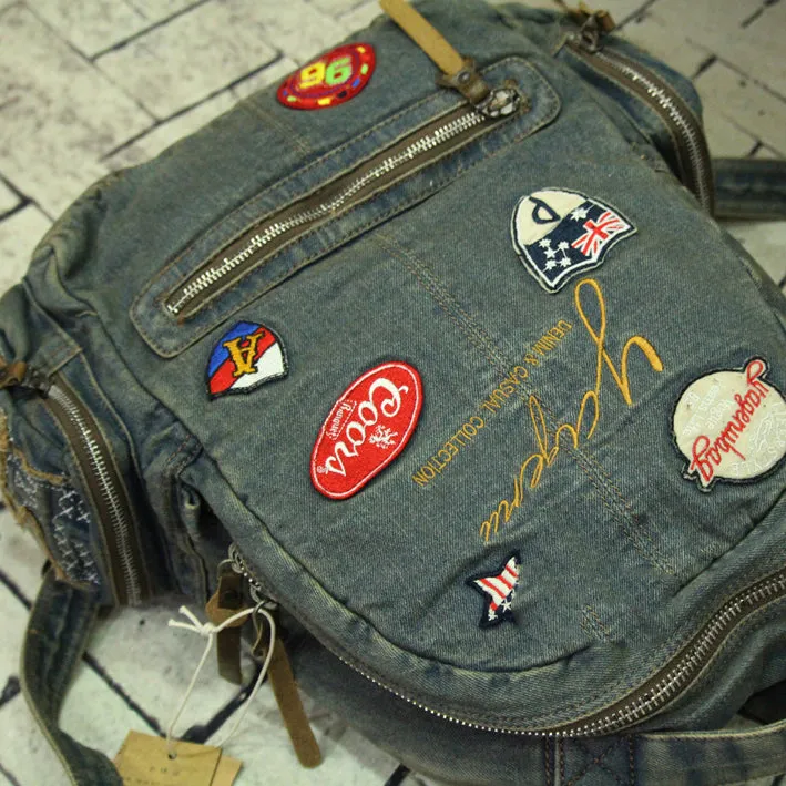 Denim Womens Backpack School Backpack Bag With Stickers Vintage Denim Blue Backpack For Women